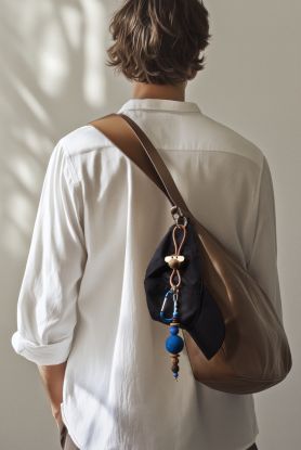 Apa gulltonet metall nyckelring med naturläder teak/limba