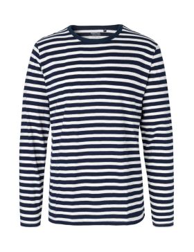 Herr T-shirt med långa ärmar Vit / Marinblå Stripe