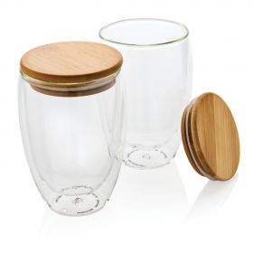 Dubbelväggigt borosilikatglas med bambulock, 350ml, 2-pack