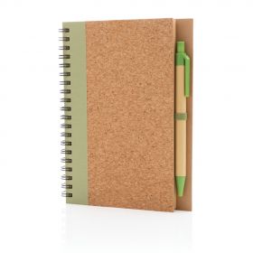 Spiralbunden anteckningsbok i kork, med penna ljus grön
